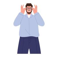 Man holding or adjusting the eye glasses with hands. Flat illustration isolated on white background vector
