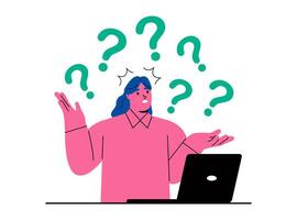 Business woman looking for answer in the Internet. Problem and solution. Flat illustration isolated on white background vector
