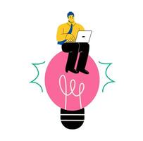 Businessman working with computer laptop on bright light bulb idea. New innovation concept. Flat illustration isolated on white background vector