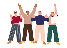 Happy team or group of friends with hands up. Victory and success concept. Flat illustration isolated on white background vector