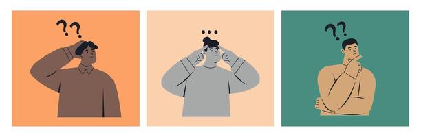 People thinking, doubting set. Men and women in thoughts, pondering, wondering. Uncertain confused persons. Set of three cards. Colorful illustration vector
