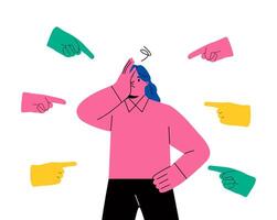Sad or depressed business woman surrounded by hands with index fingers pointing at him. Public censure and victim blaming. Flat illustration isolated on white background vector