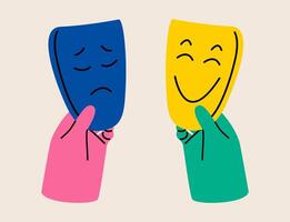 Two hands holds happy and sad masks. Bipolar and duality, psychology, mood swings concept. Colorful illustration vector