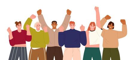 Team workers smiling and raising hands up. Flat illustration isolated on white background vector