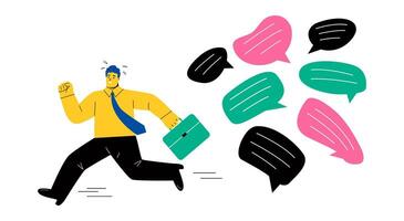 Communication problem or overload. Frustrated businessman run away from collapsing stack of online speech bubble. Overwork. Flat illustration isolated on white background vector