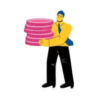 Worker business man carrying heap of golden coins in hands. Success concept. Flat illustration isolated on white background vector
