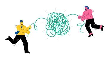 Business man and business woman untangle untangle tangled threads solve problems together. Flat illustration isolated on white background vector