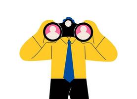 Searching for candidate. Businessman HR look through binoculars to find candidate people. Flat illustration isolated on white background vector