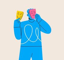 Man with happy and sad, different masks. Person with split dual personality, mood swings. Bipolar disorder and duality, psychology concept. Colorful illustration vector