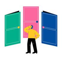 Business man chooses doors. Concept of choice and problem solving. Flat illustration isolated on white background vector