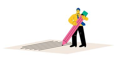 Business man hold big pencil. journalists, interviewer. Flat illustration isolated on white background vector