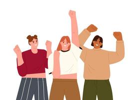 Womens team smiling and raising hands up. Flat illustration isolated on white background vector