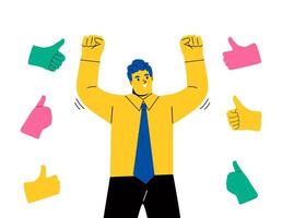 Happy man surrounded by hands with raised fingers. Business man received public approval. Flat illustration isolated on white background vector