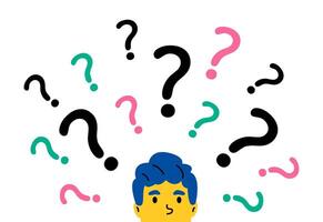 Business man looking at the question marks. Flat illustration isolated on white background vector