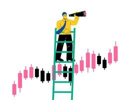 Business man looks from a stepladder through binoculars at a Forex chart. Flat illustration isolated on white background vector