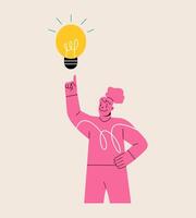 Woman with lightbulb and finger pointing up. The concept of idea, brainstorm. Colorful illustration vector
