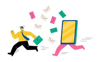 Business man running away from giant smartphone, concept of person obsessed by internet notifications. Flat illustration isolated on white background vector