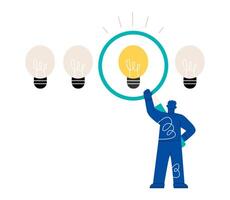 Creative man with a magnifying glass in his hands is looking for idea. Colorful illustration vector