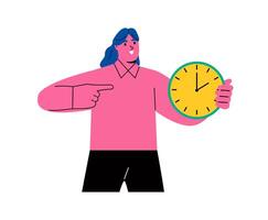 Business woman holds an alarm clock in his hand and pointing at the clock. Flat illustration isolated on white background vector