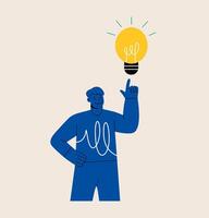 Man with lightbulb and finger pointing up. The concept of idea, brainstorm. Colorful illustration vector