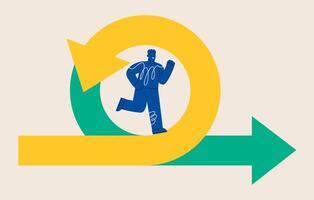 Quick decisions concept. Man runs in circle. Time management and efficient workflow. Colorful illustration vector