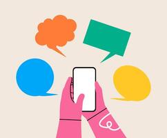 Hand holding phone with messages. Communication and social networking concept. Colorful illustration vector