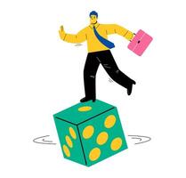 Business man balanced on unstable dice. Investment concept. Flat illustration isolated on white background vector