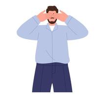 Man cover eyes with hand avoid seeing things. Flat illustration isolated on white background vector