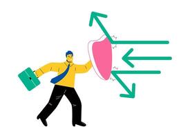 Business man holds a shield defending from attacks. Flat illustration isolated on white background vector