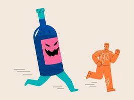 Man running away from giant wine or liquor, avoiding alcohol concept. Colorful illustration vector