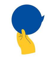 Human hand up holding speech bubble with idea comment information opinion or message. Colorful illustration vector