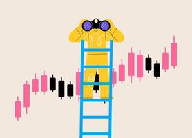 Man looks from a stepladder through binoculars at a Forex chart. Colorful illustration vector