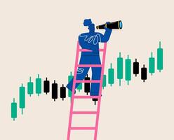 Woman looks from a stepladder through binoculars at a Forex chart. Colorful illustration vector
