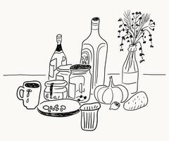 linear bottles and jars in hand drawn style vector