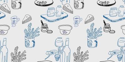 seamless pattern with wine dishes and cups in hand drawn style vector