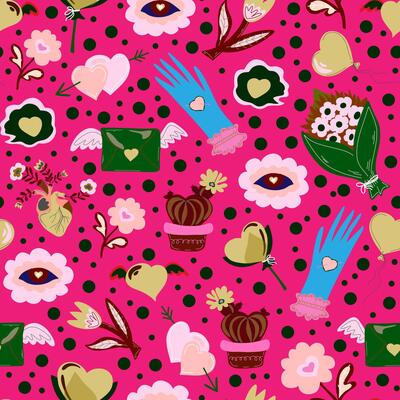 a pink polka dot pattern with hearts, flowers and hands
