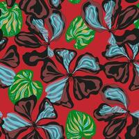 a pattern with black and blue flowers on a red background vector