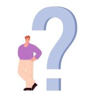 Confused man stands at big question mark. Flat illustration isolated on white background vector