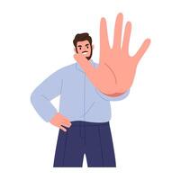 Man showing palm as stop sign. Flat illustration isolated on white background vector