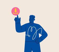 Man presses download button on screen. Colorful illustration vector