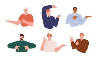 Set of happy man presenting with forefinger. Flat illustration isolated on white background vector