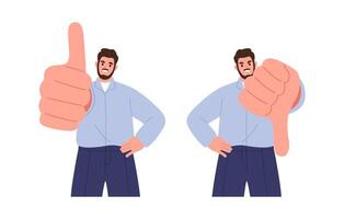 Man showing thumbs up and thumbs down, difficult choose. Flat illustration isolated on white background vector