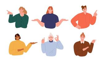 Set of happy woman presenting with forefinger. Flat illustration isolated on white background vector