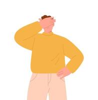 Depressed men holding him forehead feeling anxious, worried and disappointed about problems at work. Flat illustration isolated on white background vector