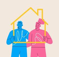A man and a woman hold a frame in the shape of a house. Colorful illustration vector