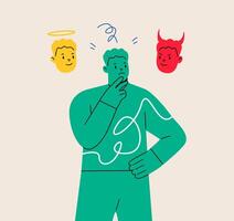 Man confused to choose between good angels and bad demons. Colorful illustration vector