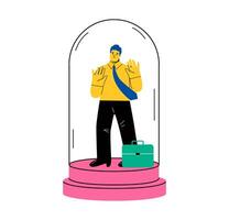Worried businessman leaning on the glass dome wall, punishment with no freedom in business. Flat illustration isolated on white background vector
