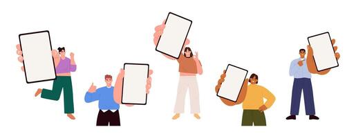 Set of people with smartphones, empty screen advertisement mobile phone, mobile app. Flat illustration isolated on white background vector