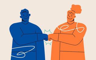 Successful partnership, teamwork concept. Man and woman standing and bumping fists from both sides. Colorful illustration vector