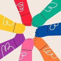 International hands team making fist bump circle gesture, unity group symbol, collaboration, support, unity, partnership, effective work together, teamwork. Colorful illustration vector